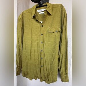 Anne Pinkerton Olive Green Blouse Long Sleeve Collar Black/White Dashes Medium